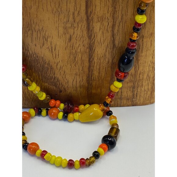 Mid Century Modern 36" Glass Bead Necklace With Vibrant Yellow Orange Red & Blac - Picture 3 of 8